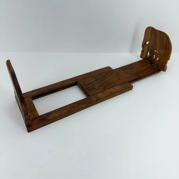 Hand Carved Wooden Elephant Sliding Bookrack Adjustable Folding Book Ends Brown - Picture 4 of 10